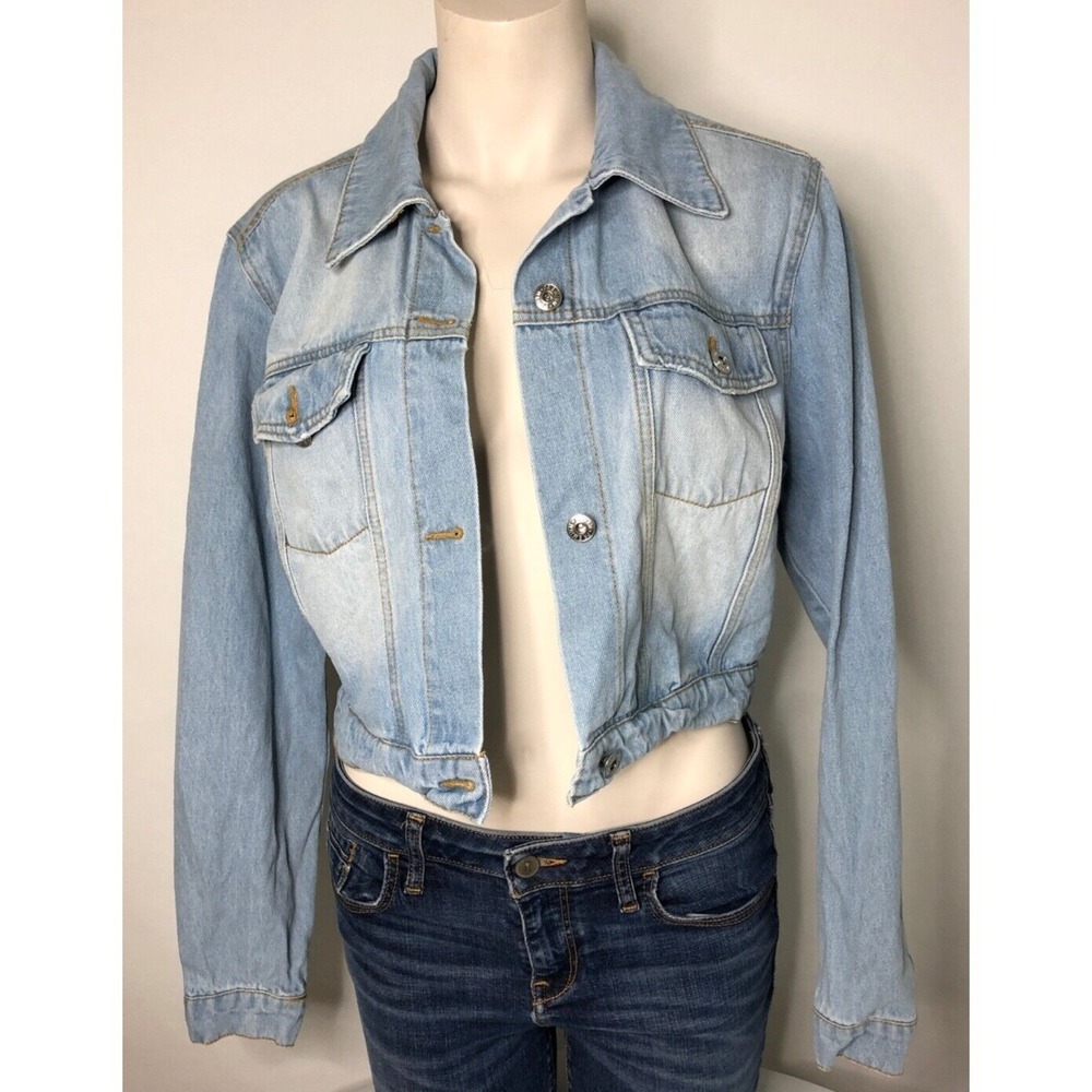 Love Tree Denim Women Light Wash Cropped Trucker Jacket Small 8971JK Blue Cotton